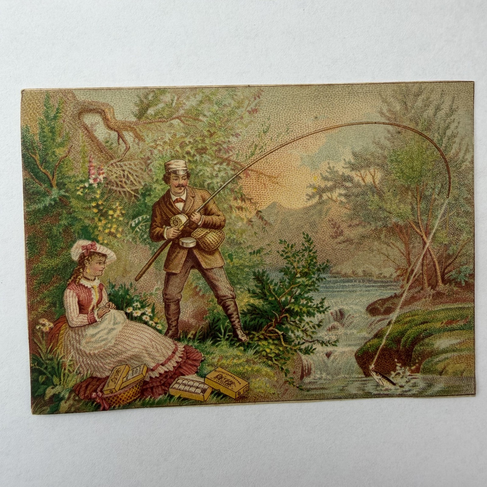J & P Coats Best Six Cord Spool Cotton 1880 Calendar Fishing Couple Trade Card
