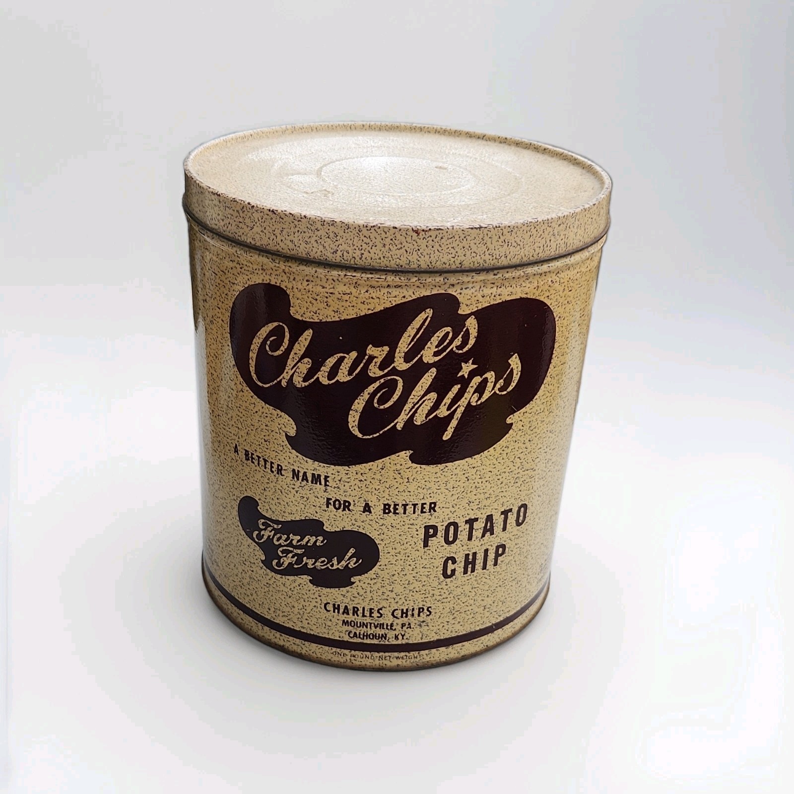 Vintage Charles Chips 1 Lb Potato Chip 9 1/2″ Tin Can with Lid-B71-L