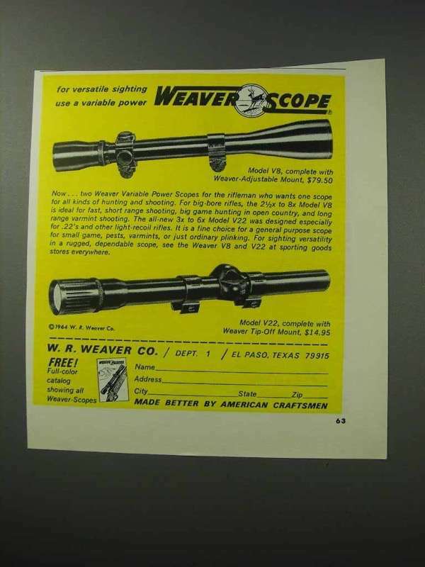 1965 Weaver Model V8 and V22 Scopes Ad – Versatile