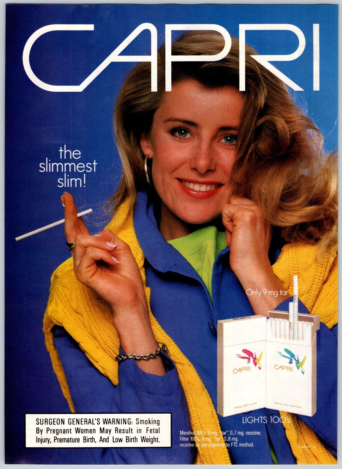 1989 YOUNG WOMAN CAPRI SLIM CIGARETTES Vintage 8″X11″ Magazine Ad 1980’s M756 B