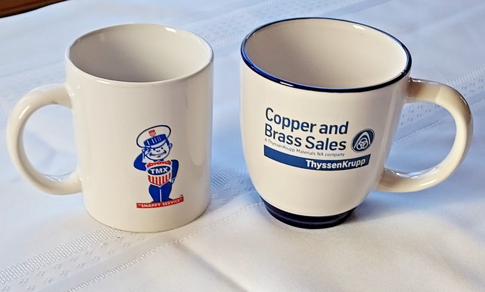SNAPPY SERVICE Copper and Brass Sales Coffee Mug + Thyssen Krup Mug Lot of 2