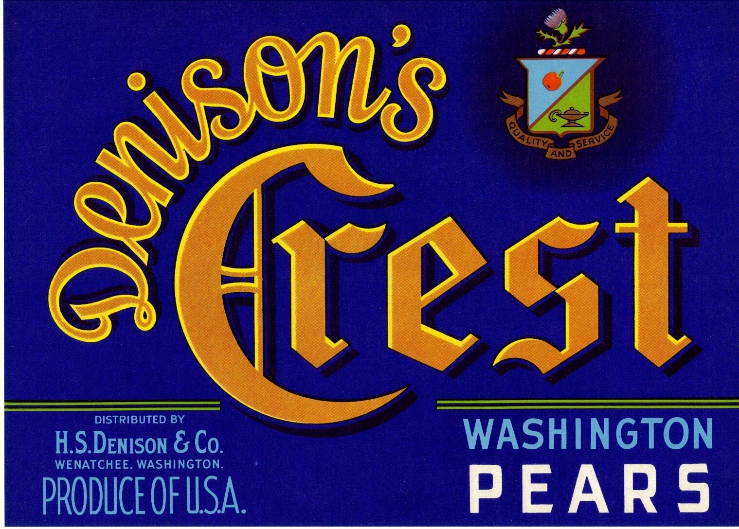 Original DENISON CREST pear crate label Wenatchee Washington H.S. Denison blue