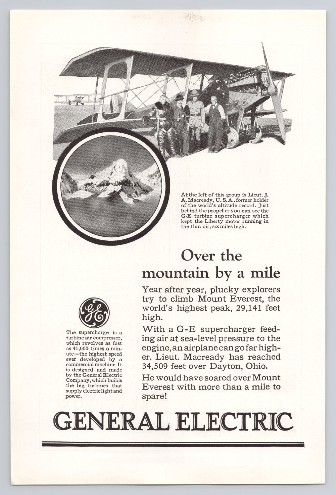 1925 GE General Electric G-E Supercharger Mount Everest ANTIQUE PRINT AD NG25