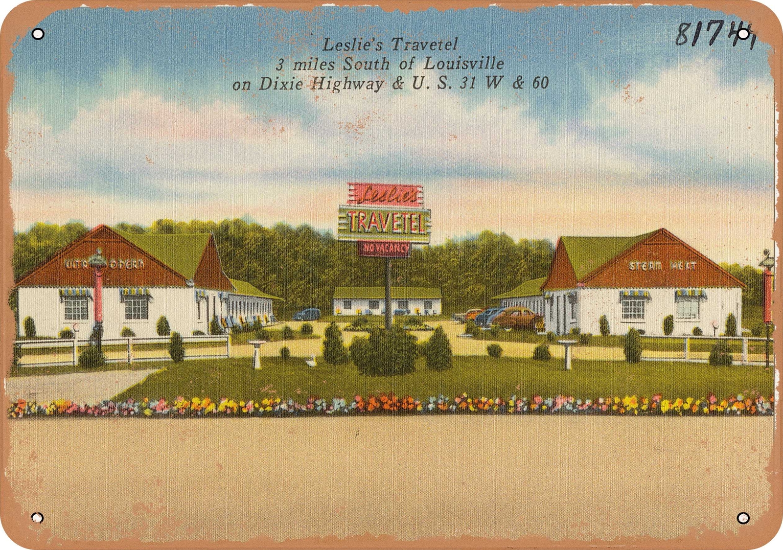 METAL SIGN – Kentucky Postcard – Leslie’s Travetel, 3 miles south of Louisville