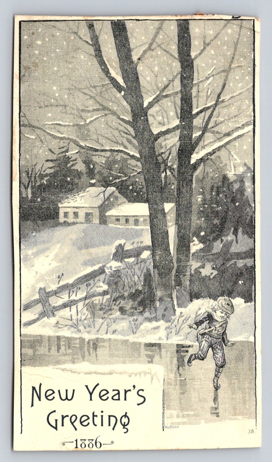 1886 New Years Greeting Child Ice Skates P636