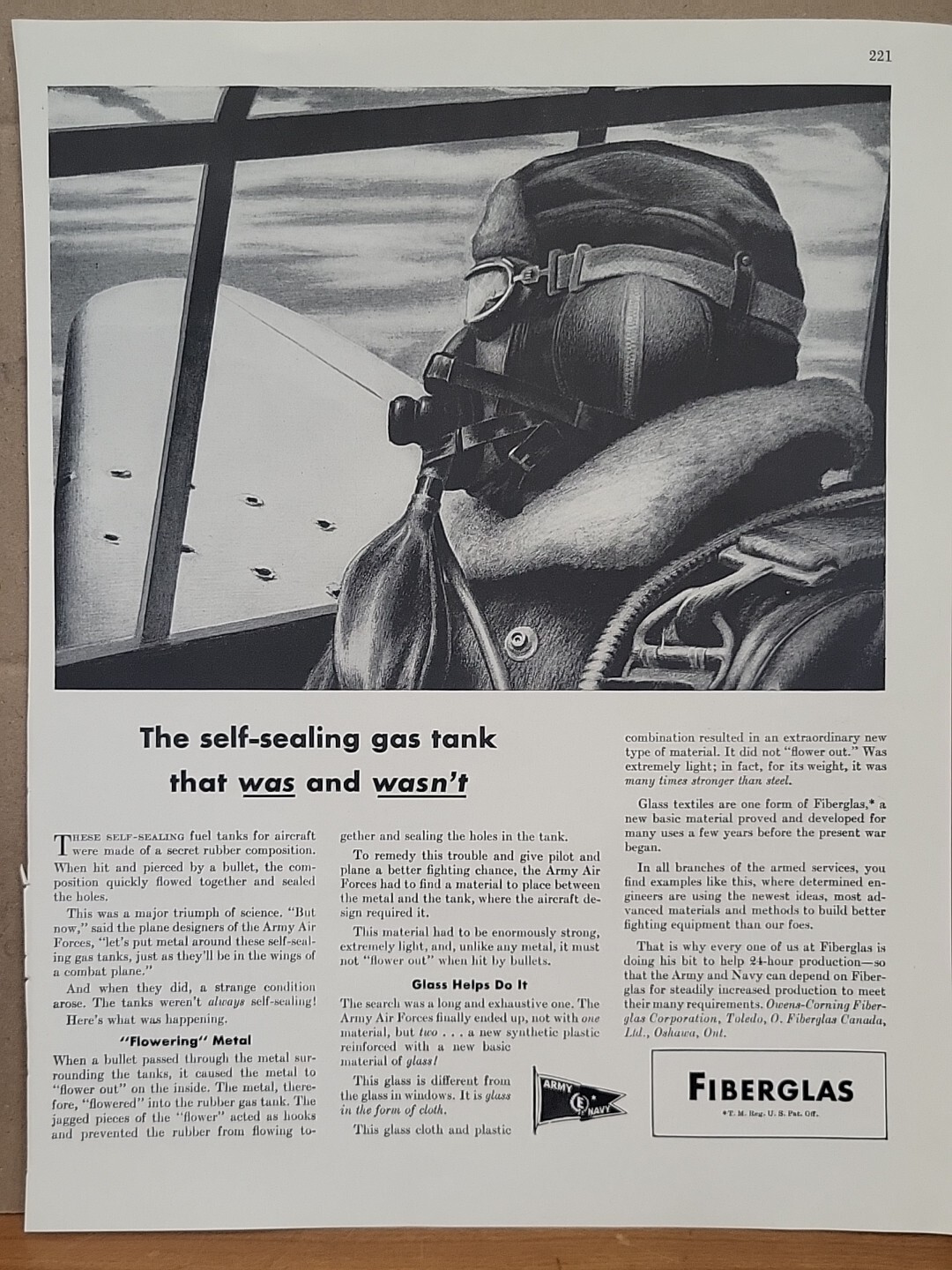 1943 Owens-Corning Fiberglass Fortune WW2 Print Ad Q3 US Army War Pilot