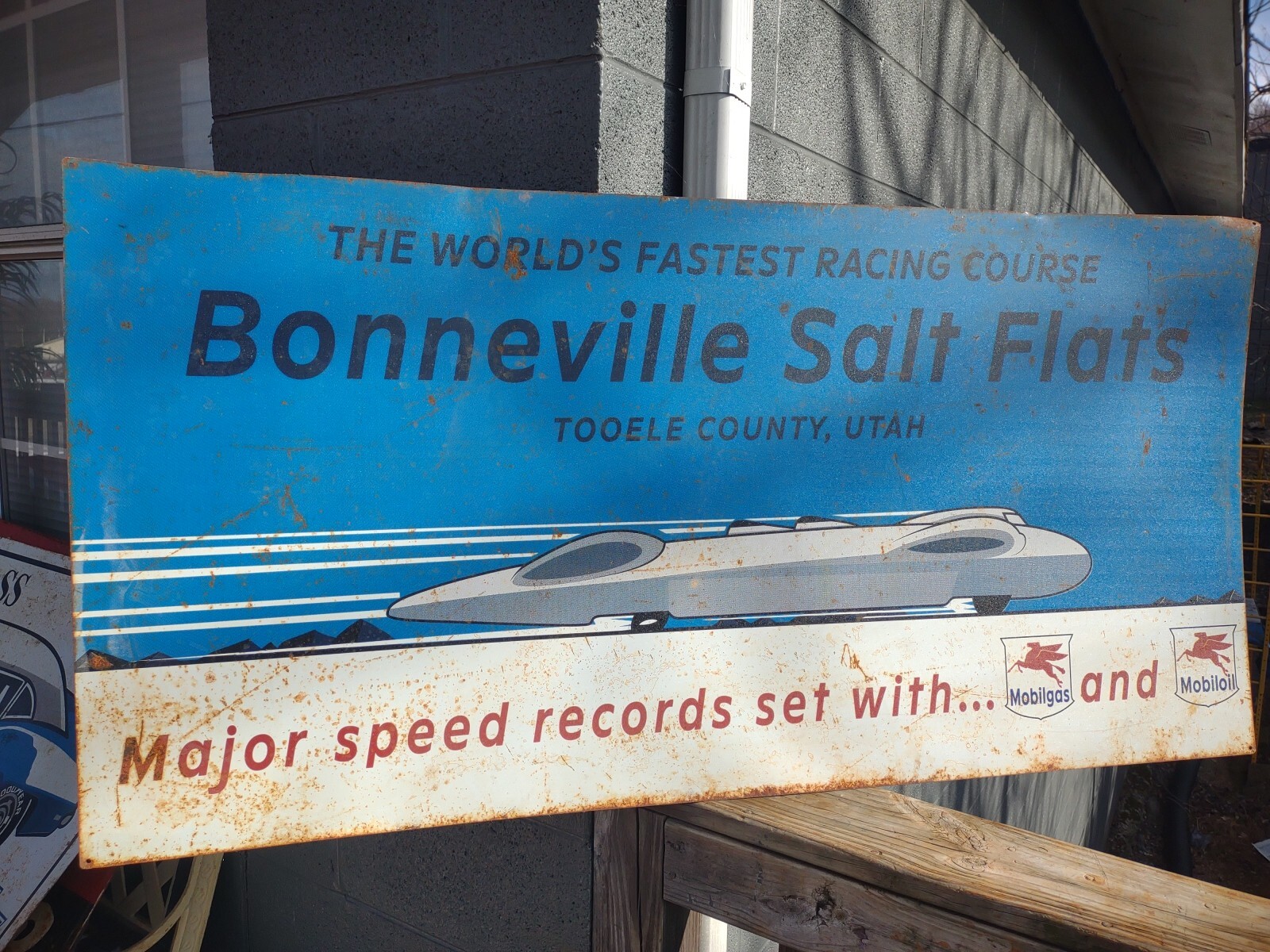 LARGE RARE VINTAGE BONNEVILLE SALT FLATS RACING ADVERTISING 48″ METAL SIGN