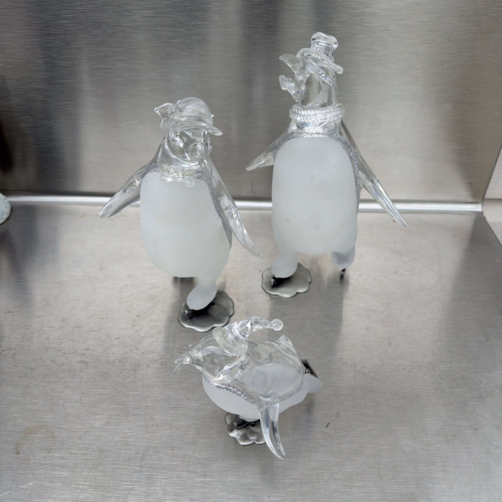 Lot Of 3 Lucite Penguin On Ice Skates MCM Clear & Frosted Movie Prop- Vintage
