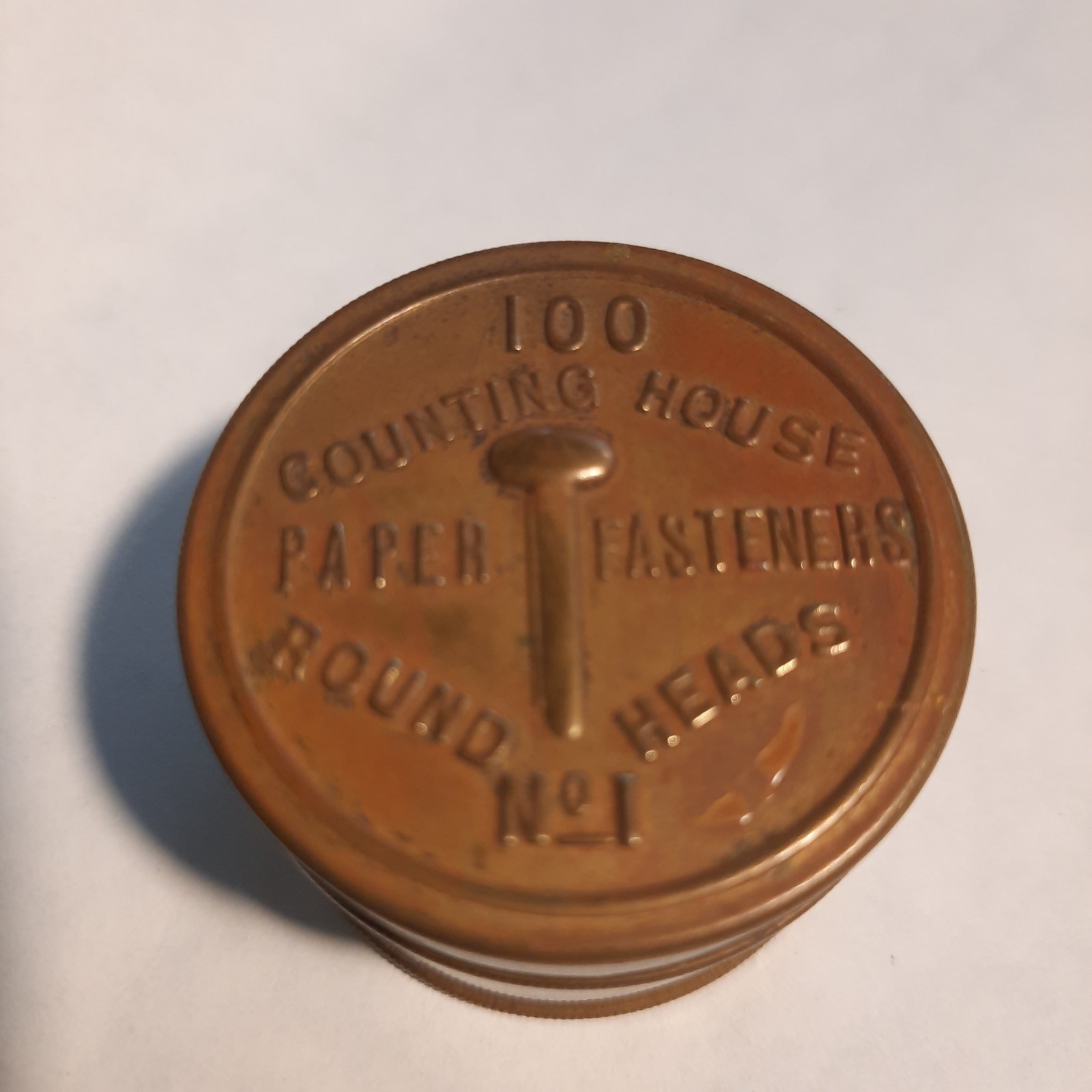 Antique Brass Tin “Counting House” Paper Fasteners ~Round Head No. 1