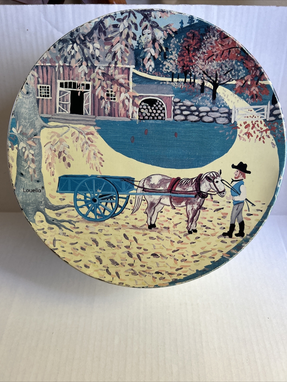 Meister Tin Box Farm Amish Scene Large Round Made in Brazil Barn, Fall Trees