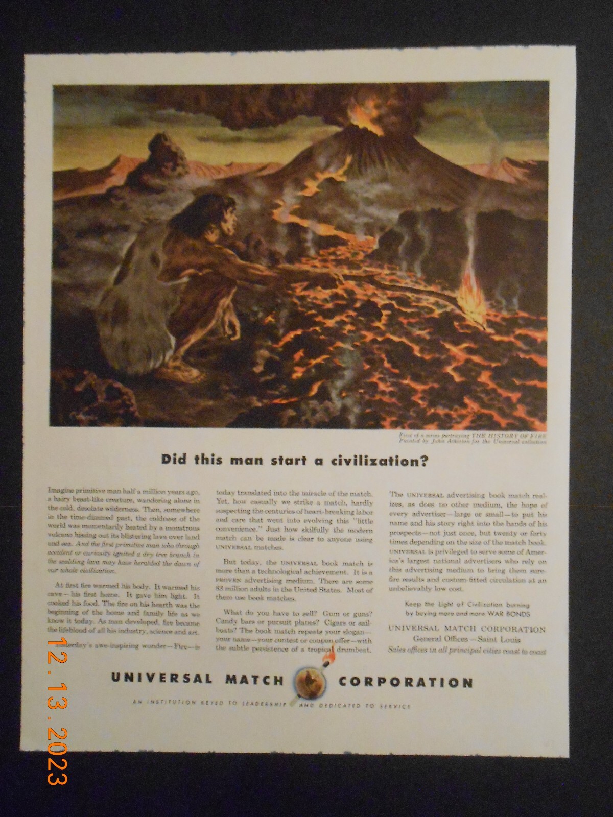 1943 Universal Match Corp ST Saint Louis MO History of Fire John Atherton art