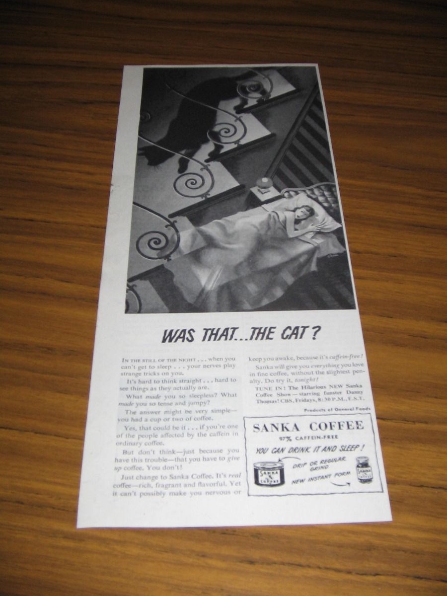 1948 Print Ad Sanka Coffee Was That the Cat? Scared Lady in Bed