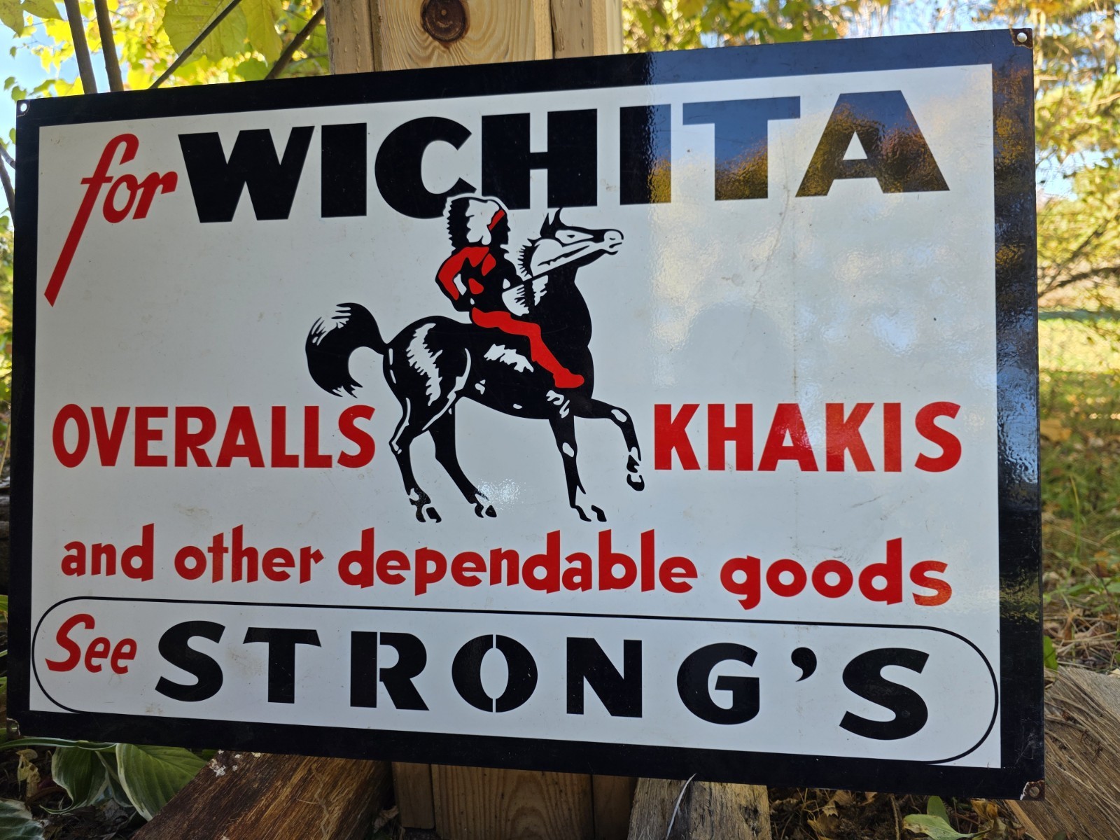 VINTAGE STRONGS WICHITA OVERALL KHAKIS PORCELAIN SIGN 30″ X 20″