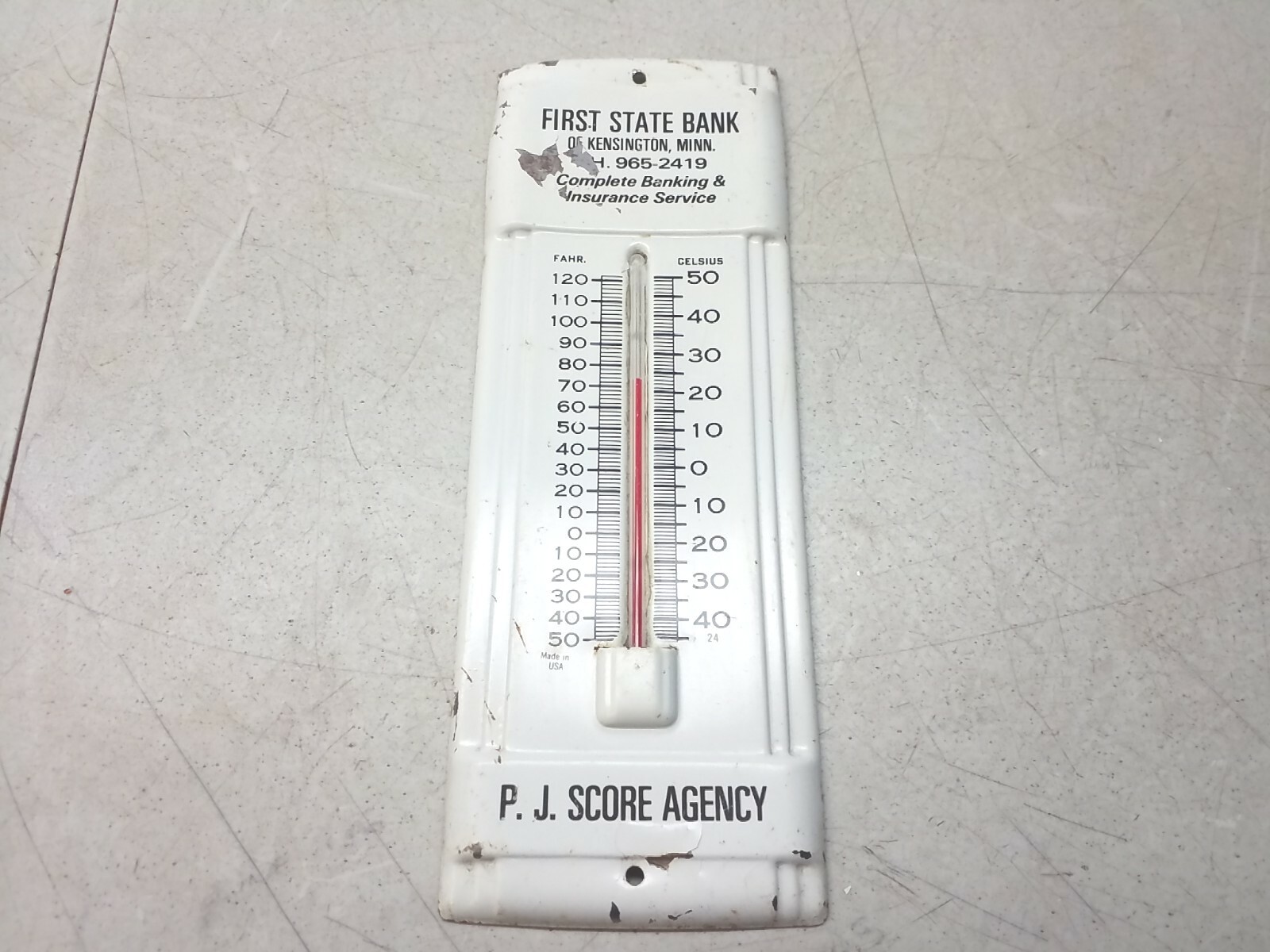 First State Bank Kensington MN PJ Score Agency Vintage Advertising Thermometer