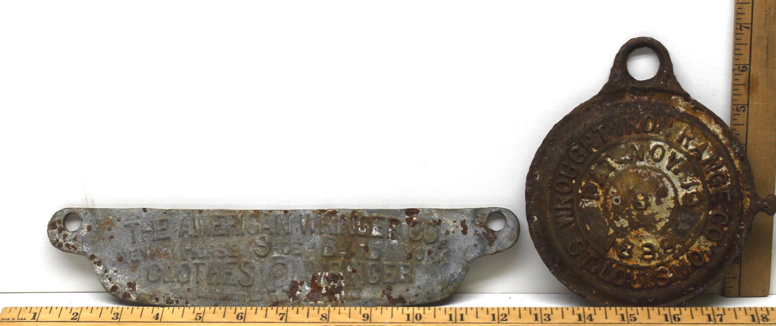 Vintage Name Plates American Wringer Co Horse Shoe Brand+1889 Wrought Iron Range