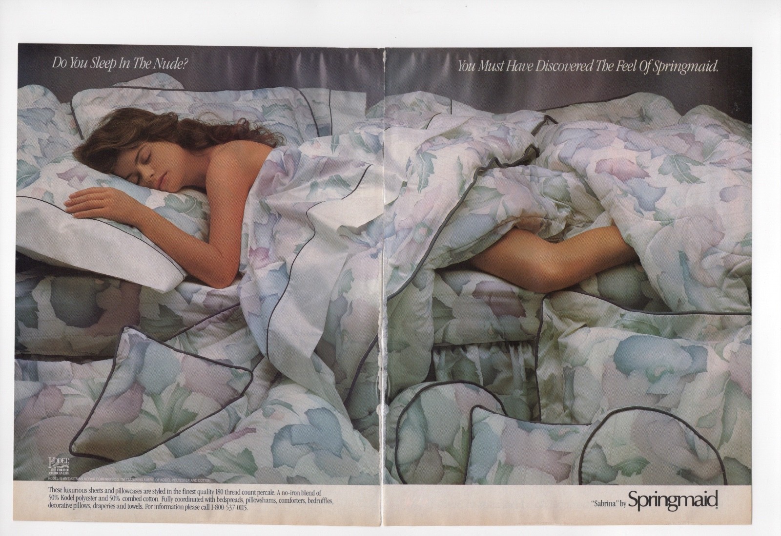 vintage 1970s 2 page mag print ad “Sabrina” by Springmaid bedding sexy lady