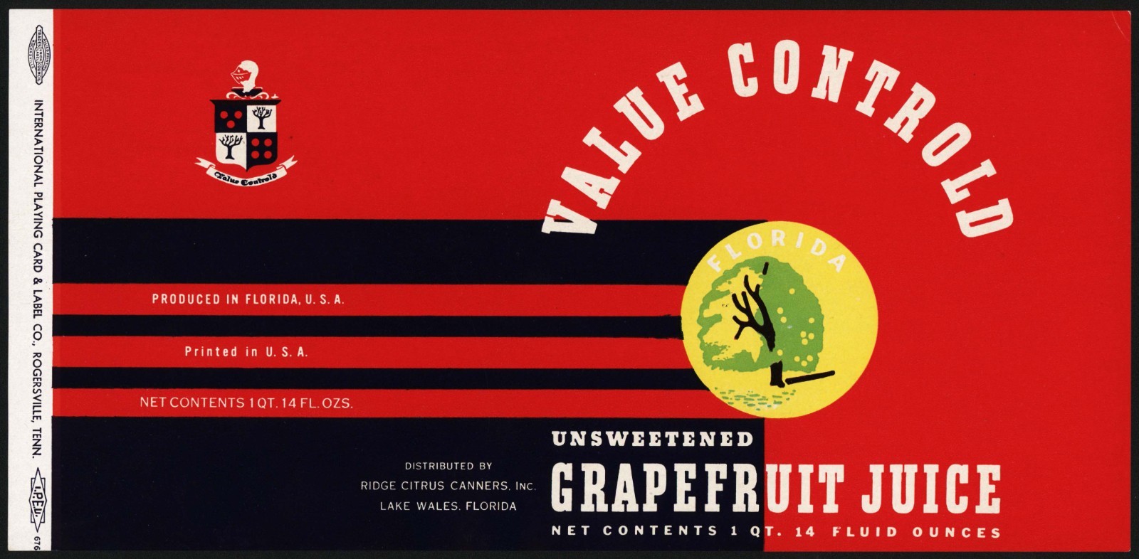 Vintage label VALUE CONTROLD Grapefruit Juice #1 Lake Wales Florida unused nrmt
