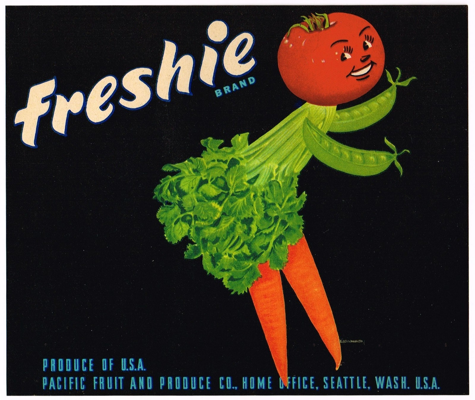 ORIGINAL CRATE LABEL C1950S FRESHIE ANTHROPOMORPHIC SEATTLE WASHINGTON SCARCE