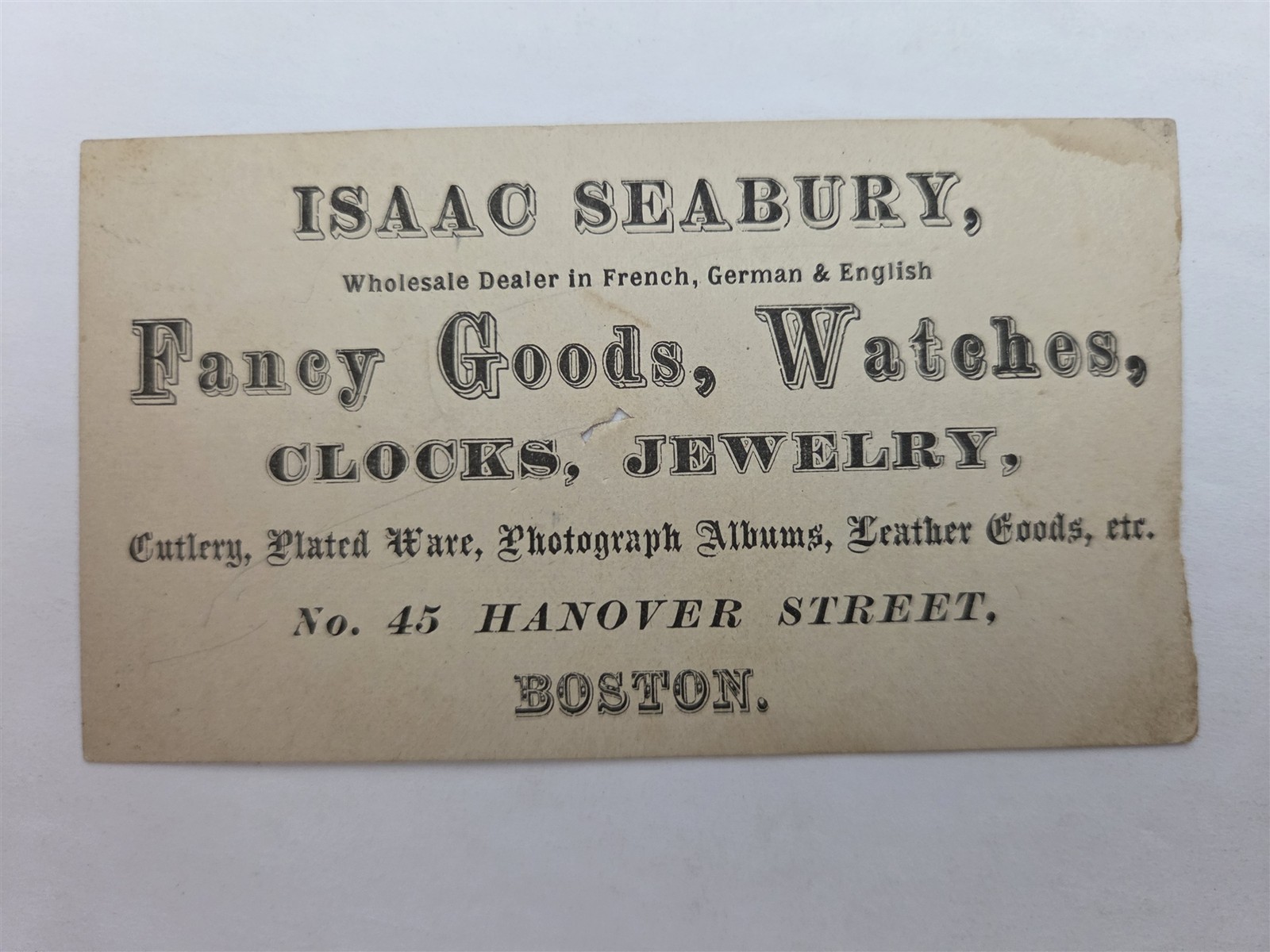 1850s antique ISAAC SEABURY boston ma FANCY GOODS WATCHES JEWELRY business card