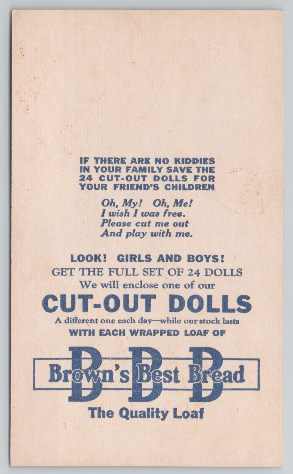 1930’s Advertising Brown’s Best Bread Cut-Out Dolls Trade Card Alaska