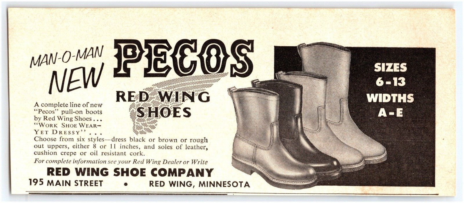 PECOS RED WING SHOES CO RED WING MINNESOTA POPULAR SCIENCE OCTOBER 1958 PRINT AD