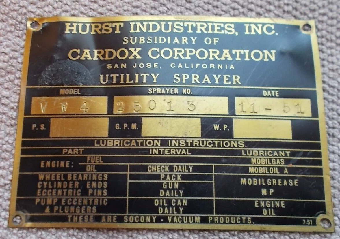 Hurst Industries Inc.-San Jose California: Cardox Corp. SOCONY-VACUUM PRODUCTS $