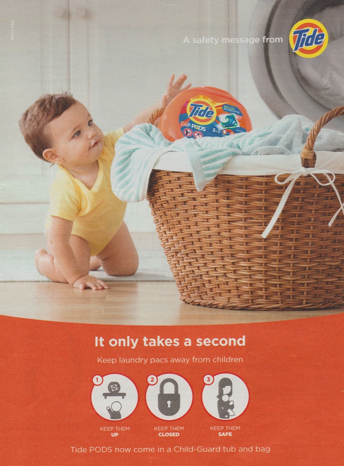 2018 Tide Laundry Detergent – Cute Crawling Baby Reaches Pods – Print Ad Photo