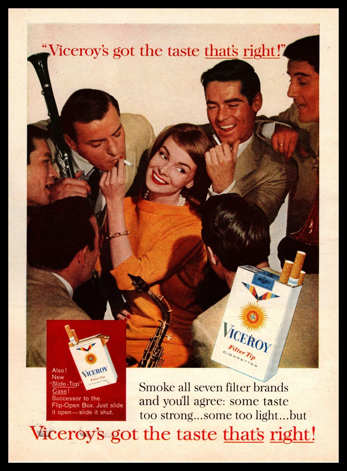 1962 Viceroy Cigarettes Pretty Woman Surrounded By Male Bandmates Print Ad