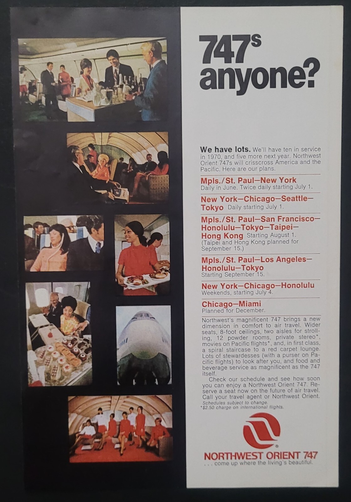 1970 Northwest Orient Airlines Vintage 7×10″ Print Ad 1970’s 747’s anyone Travel