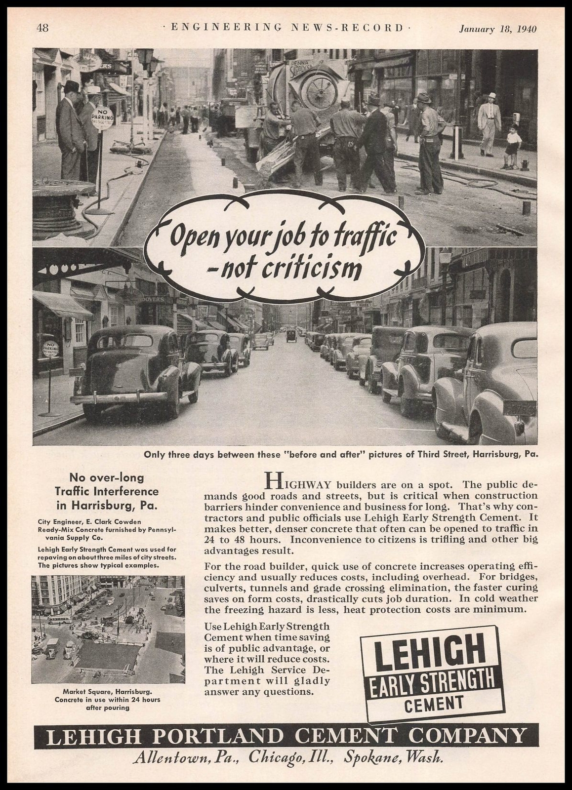 1940 Lehigh Portland Cement Allentown PA Photos Third Street Harrisburg Print Ad