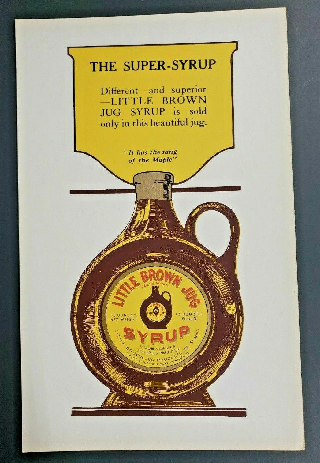 Little Brown Jug Pancake Syrup St Louis Mo Cardboard Sign Unused Old Store Stock