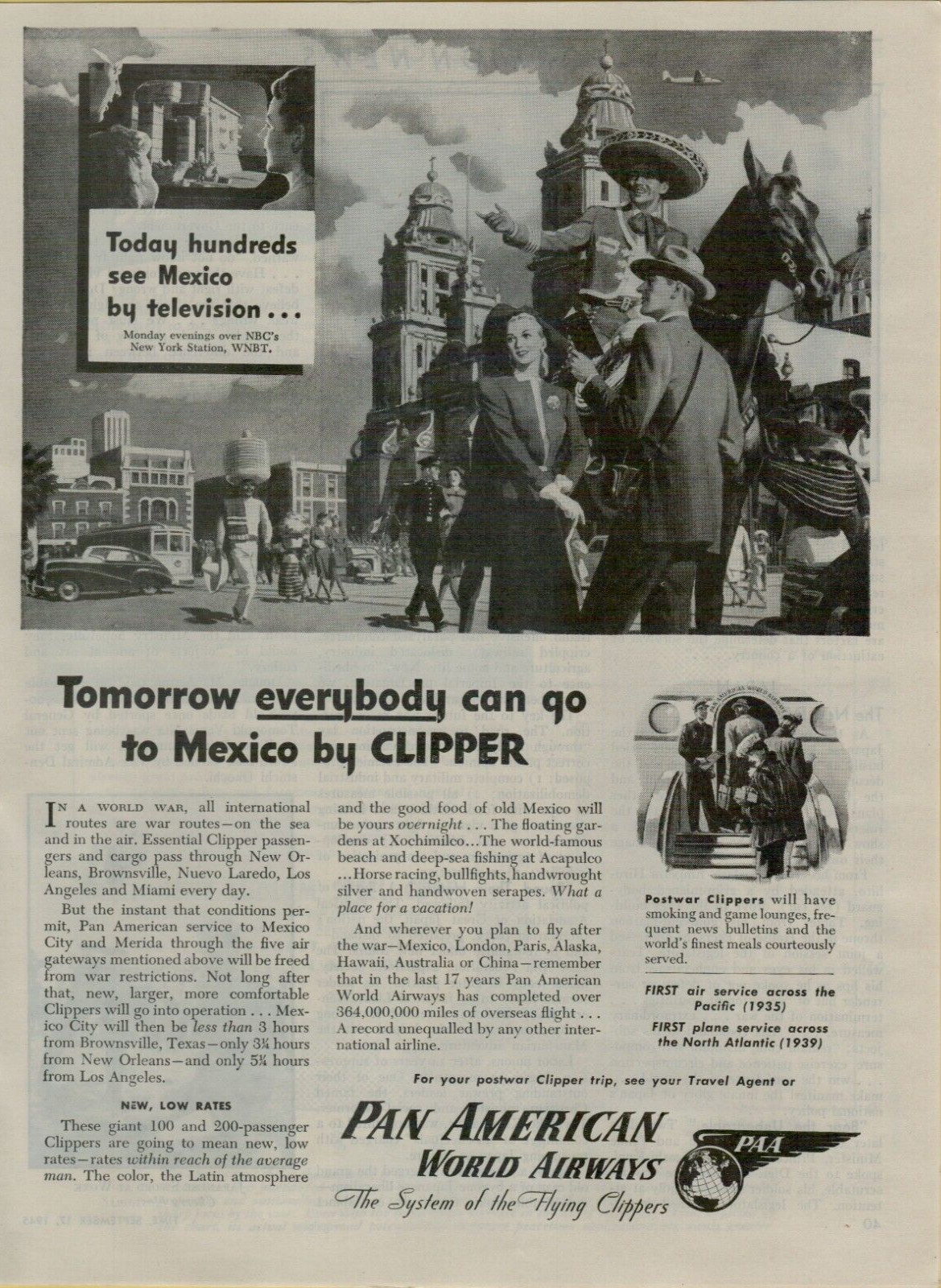 1945 Pan American World Airways Flying Clippers to Mexico Photo VINTAGE PRINT AD