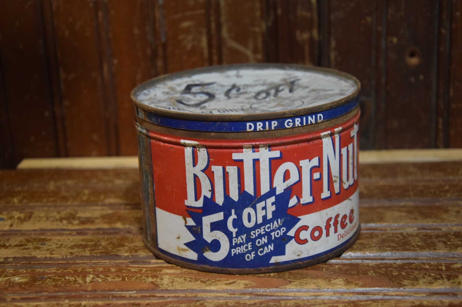 BUTTER-NUT COFFEE PAINTED COFFEE 1LB TIN CAN SIGN VINTAGE 1960s NEBRASKA OMAHA