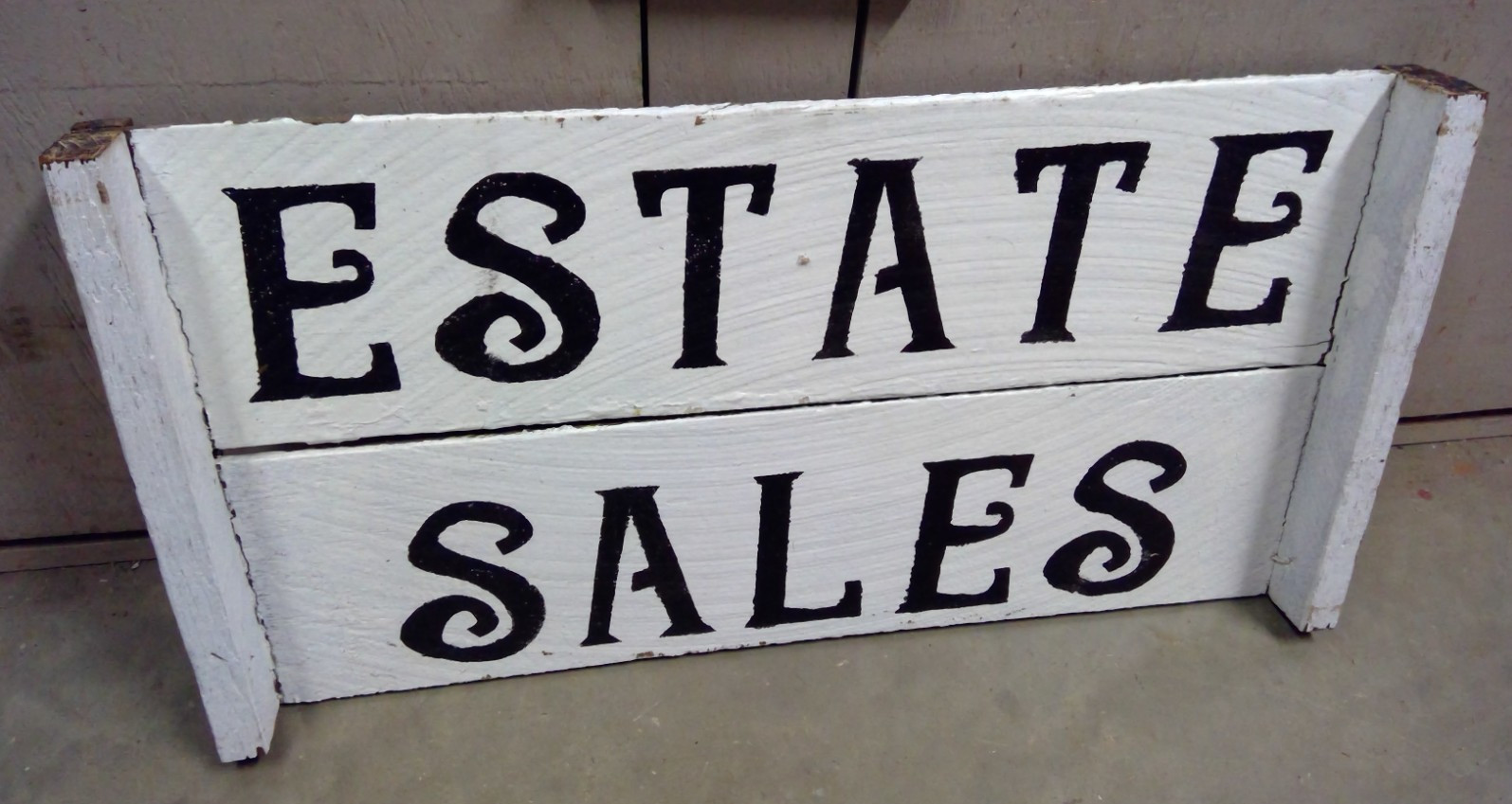 Large Vintage “ESTATE SALES” sign Painted Wood 24” X 12”