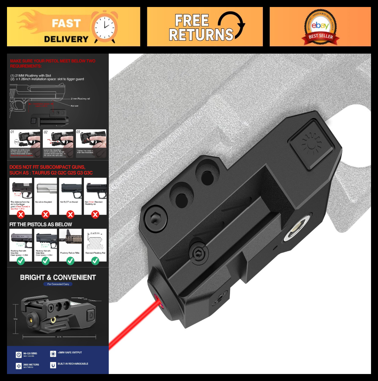 Rechargeable Low Profile Gun Beams – Green/Blue/Red Laser Light for Pistols
