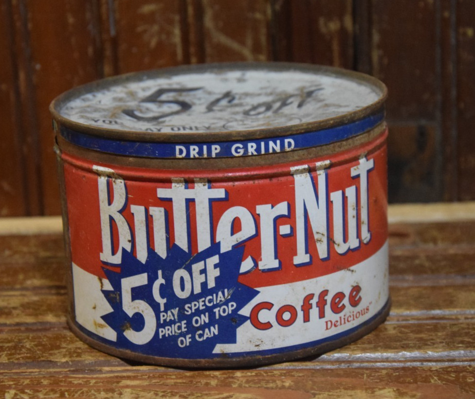 BUTTER-NUT COFFEE PAINTED COFFEE 1LB TIN CAN SIGN VINTAGE 1960s NEBRASKA OMAHA