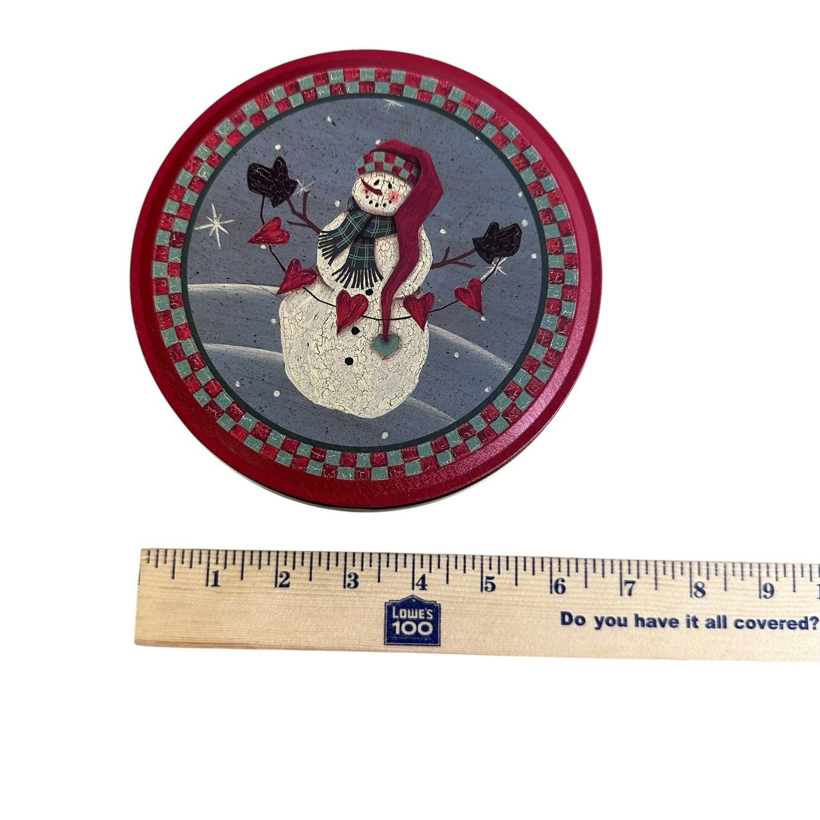 Vtg Santas Workbench Crackled Snowman Round Tin 1996 Xmas Folk Art Hearts Prim