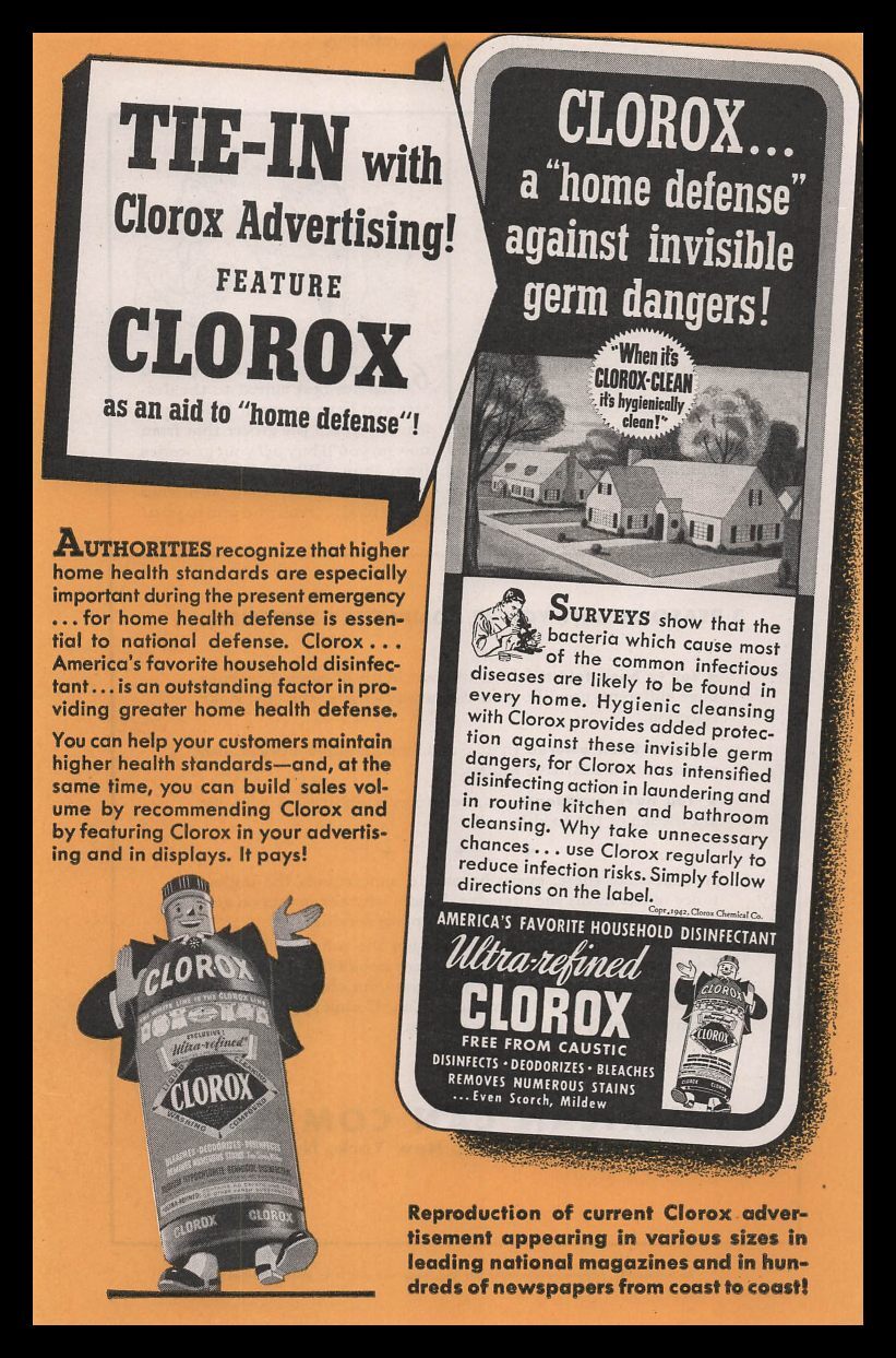 1942 Clorox Ultra Refined Free From Caustic Bleach Bottle Man Cartoon Print Ad