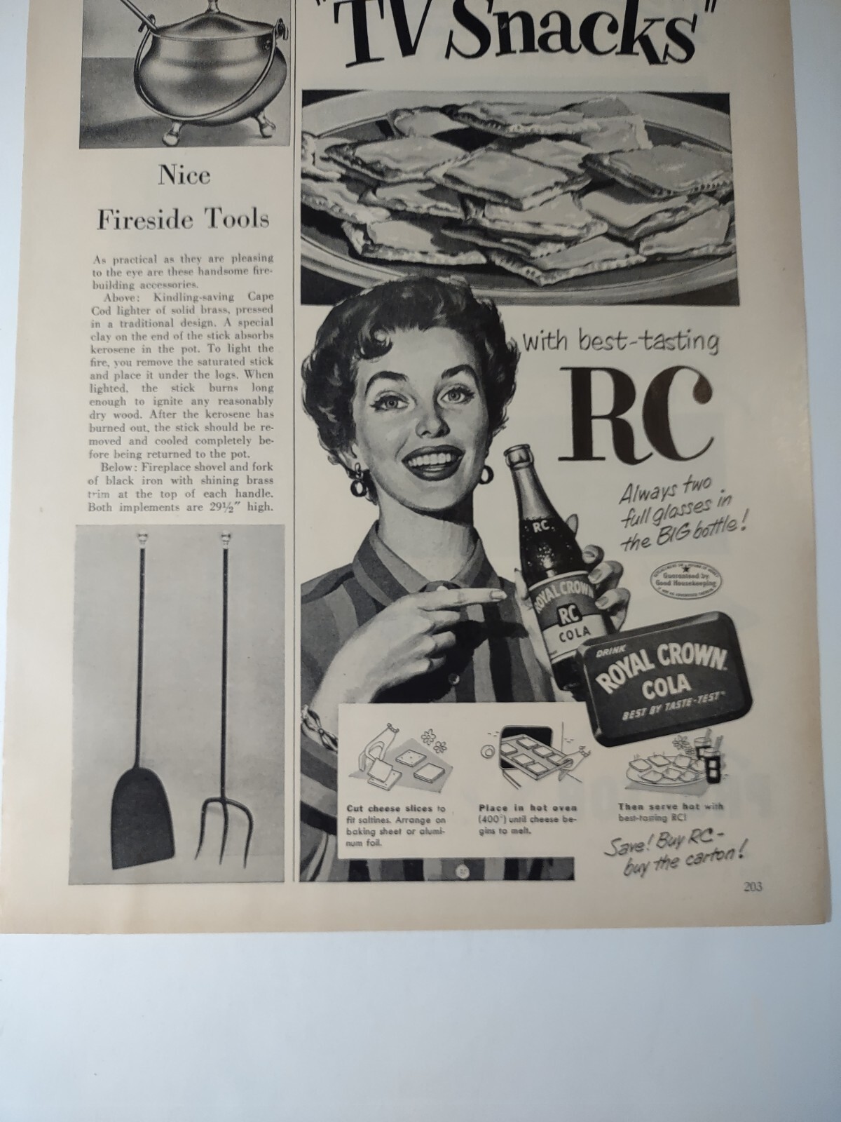 Royal Crown RC Cola TV Snacks Vintage 1950s Print Ad