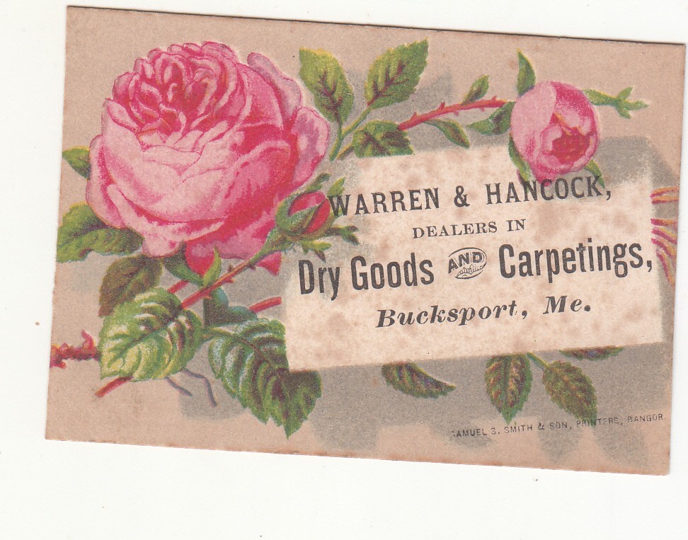 Warren & Hancock Dry Goods Carpetings Bucksport ME Pink Flowers Vict Card c1880s