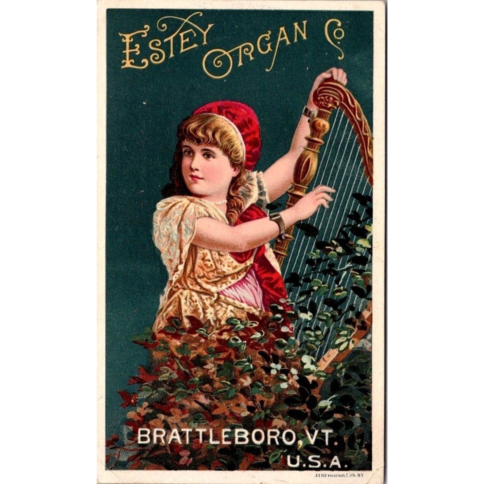 1890’s Antique Brattleboro VT Estey Organ Co Victorian Trade Card Girl With Harp