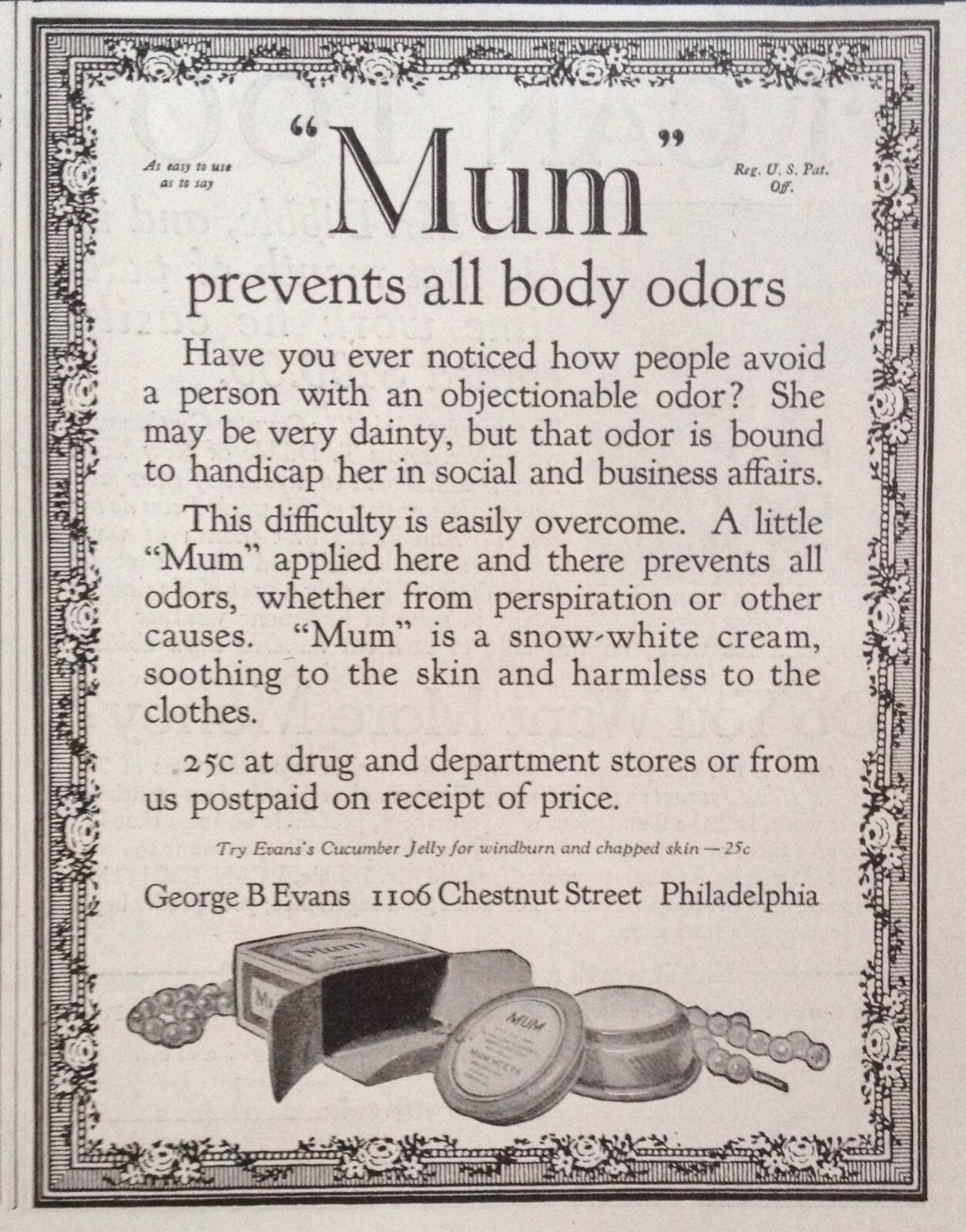 1920 AD(K14)~GEO. B. EVANS CO. PHIL., PA. “MUM” ALL OVER BODY ODOR PREVENTION