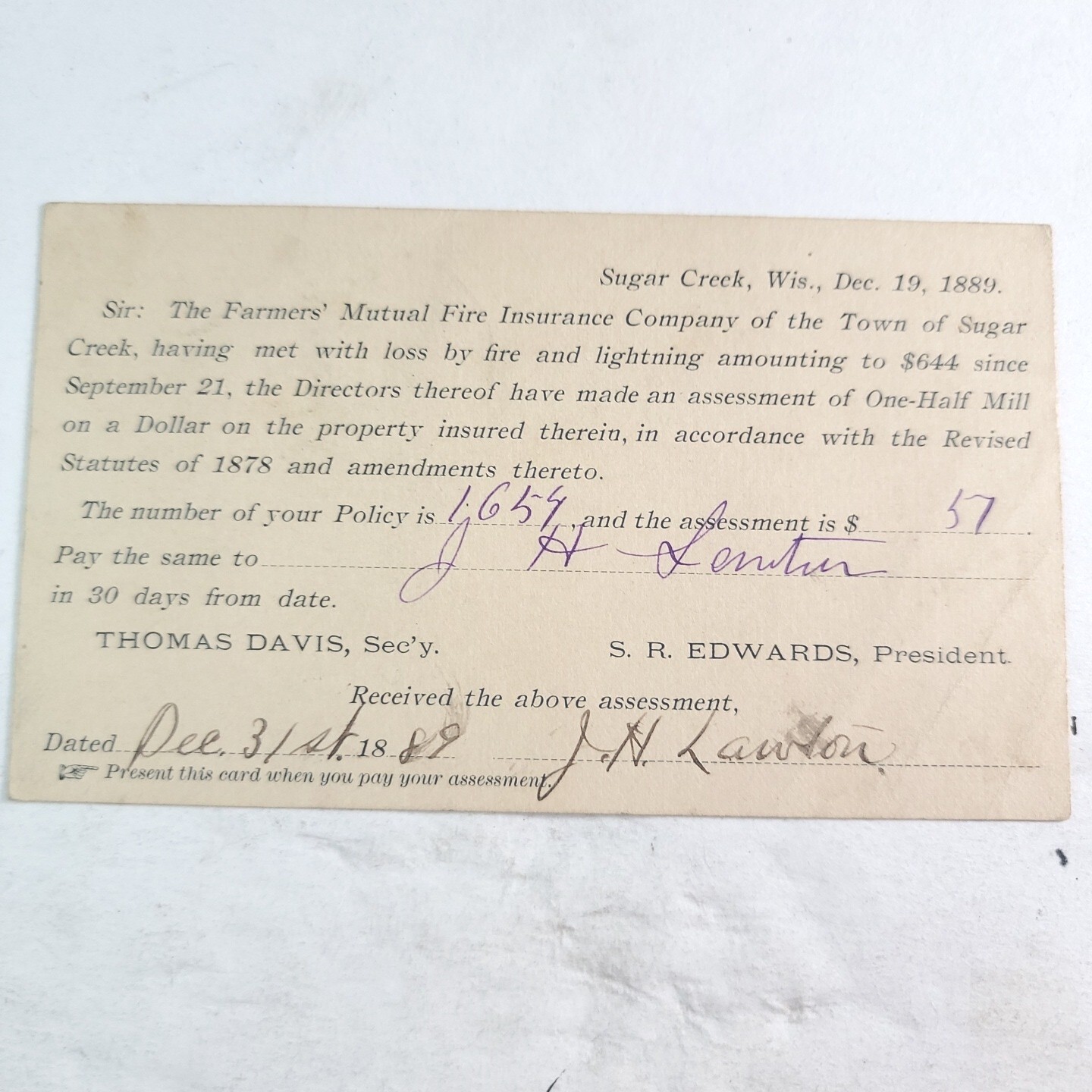 1889 Farmer’s Mutual Fire Insurance Company Sugar Creek Assessment For $6.44