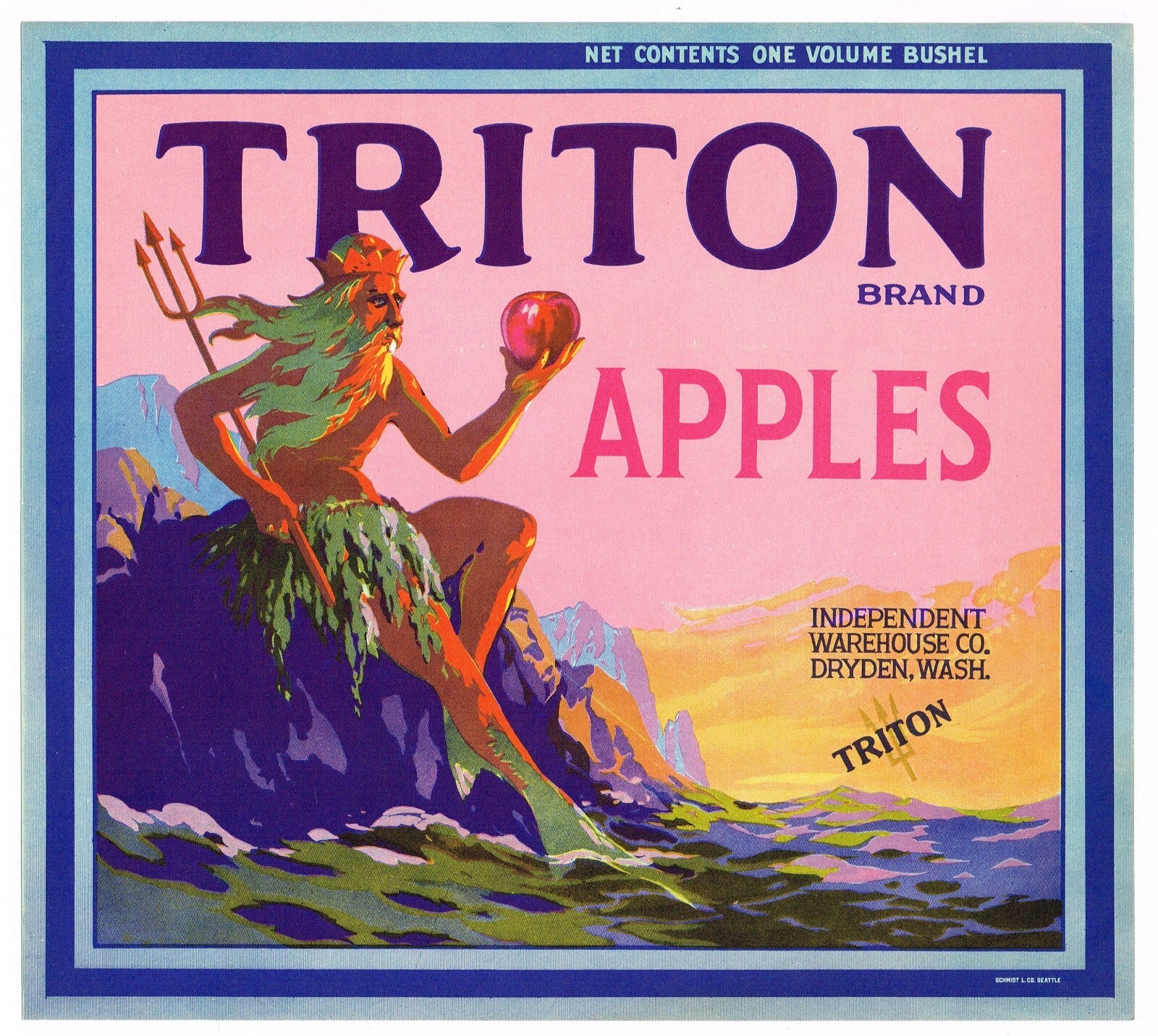 ORIGINAL TRITON APPLE CRATE LABEL VINTAGE NEPTUNE GREEK POSIDEN DRYDEN 1940 PINK