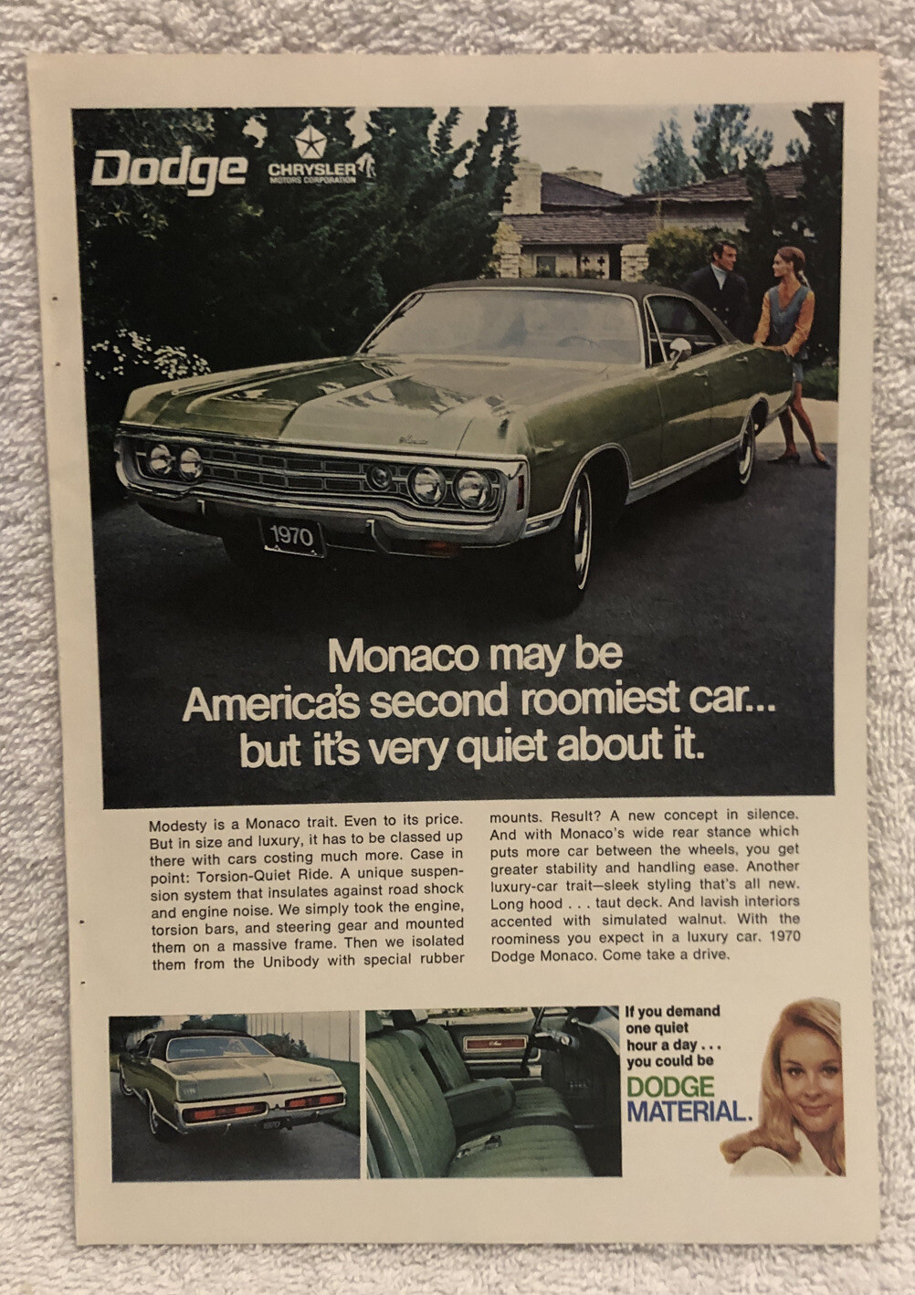 1969 Dodge Monaco Original Print Ad – Full Page – Second Roomiest Car Vintage