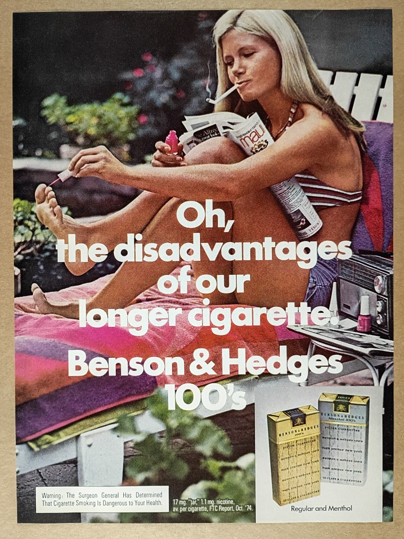 1975 Benson & Hedges Cigarettes woman painting toes photo vintage print Ad