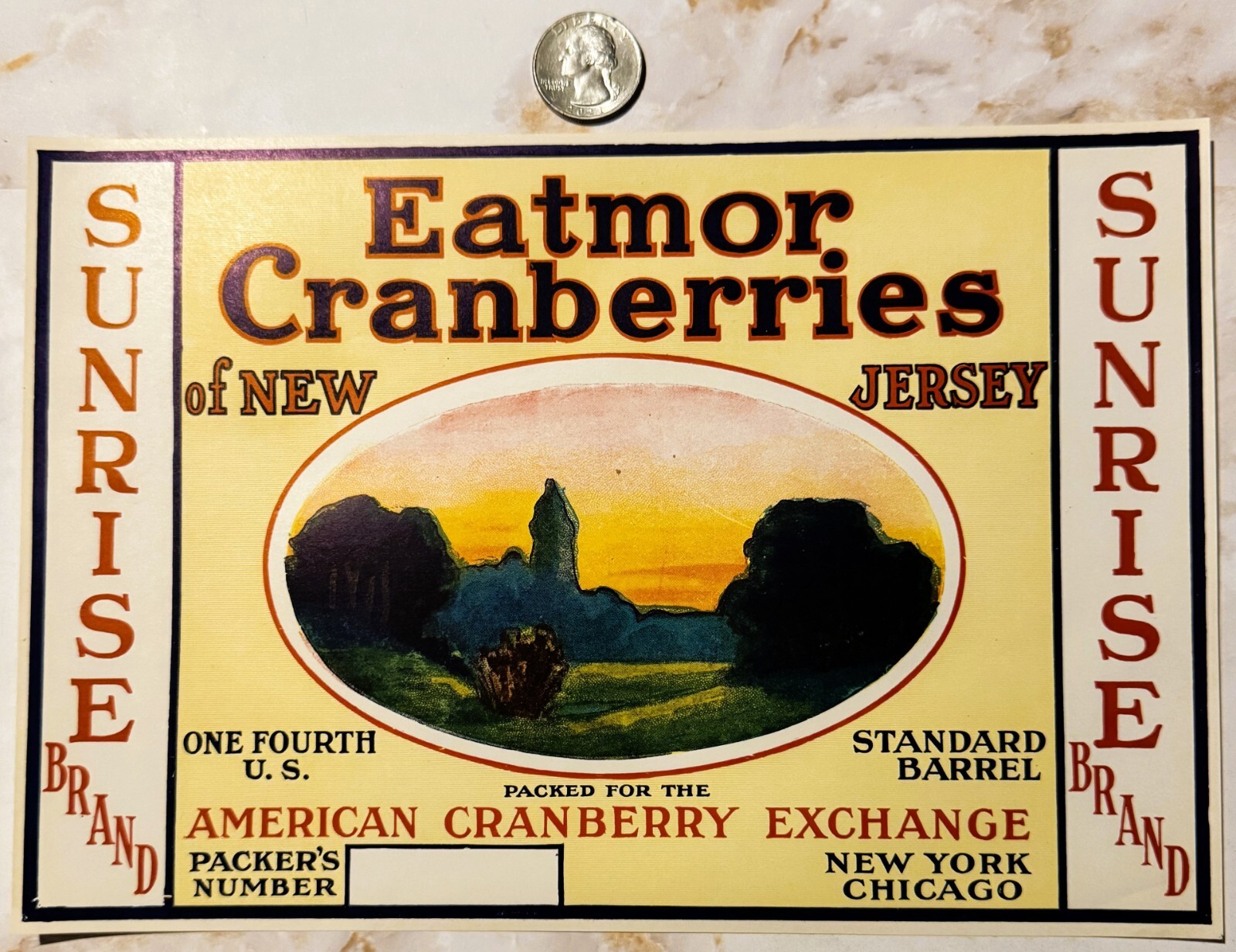 Antique Vintage 1920s Sunrise Eatmor Cranberries Barrel Label, NY, NJ, CHI