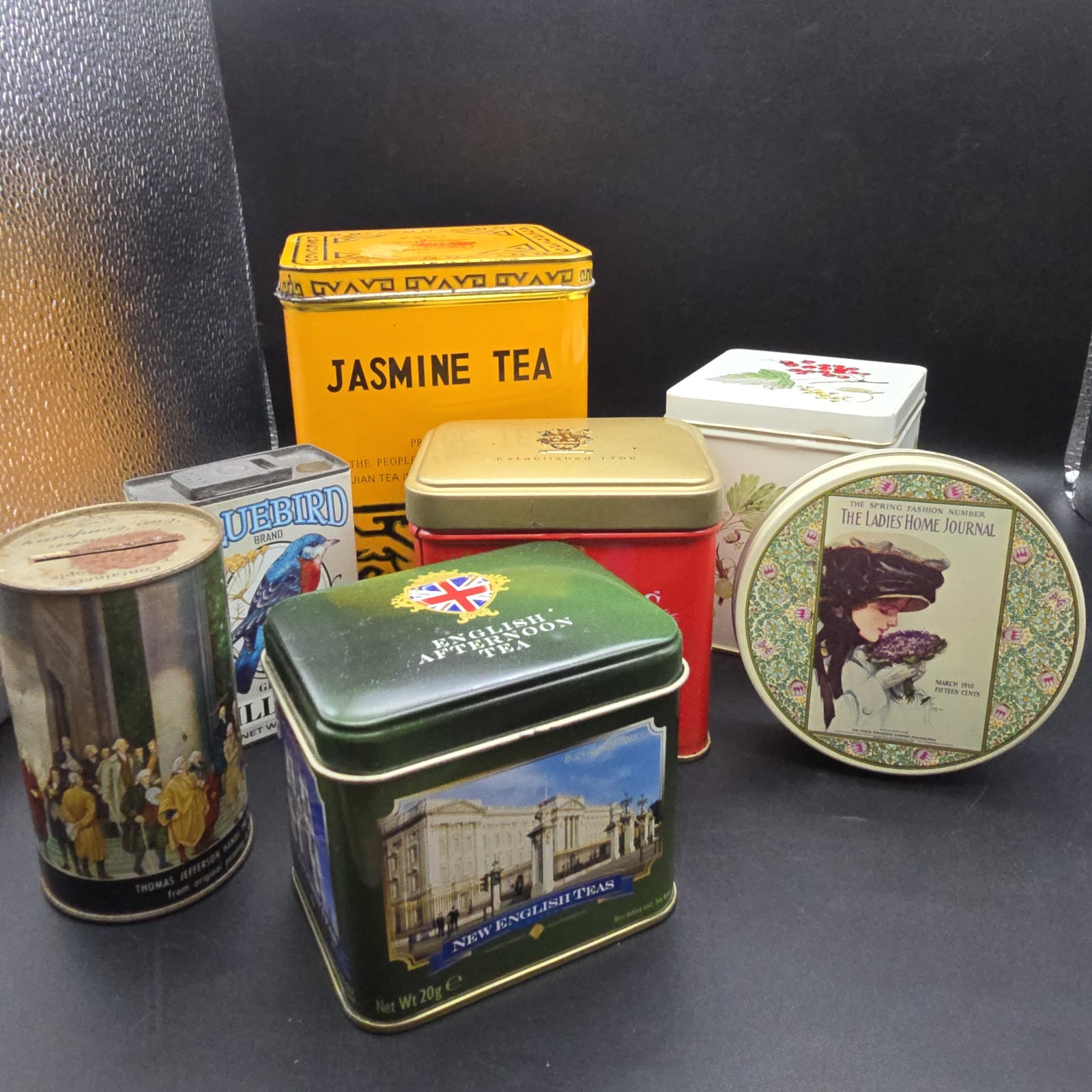 Lot of 7 Vintage Metal Tea Tins Various Sizes and Shapes