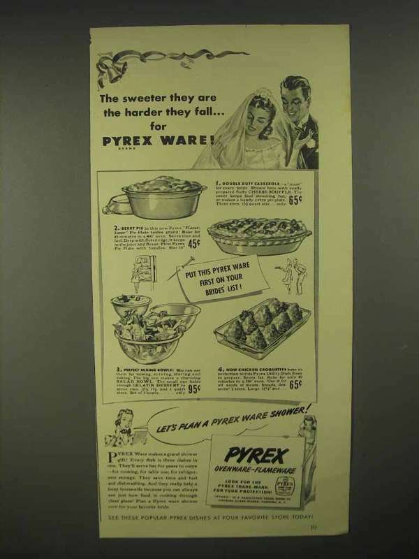 1943 Pyrex Pie Plate, Bowl Set, Utility Dish Ad