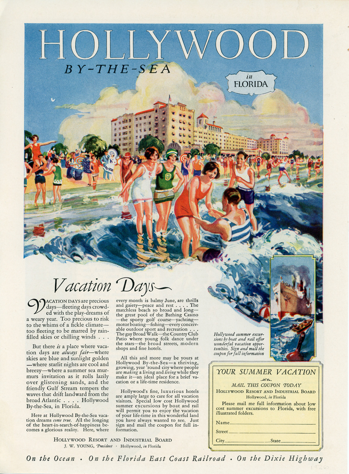 1926 Original Hollywood By-The-Sea Florida Ad. Come For A Vacation